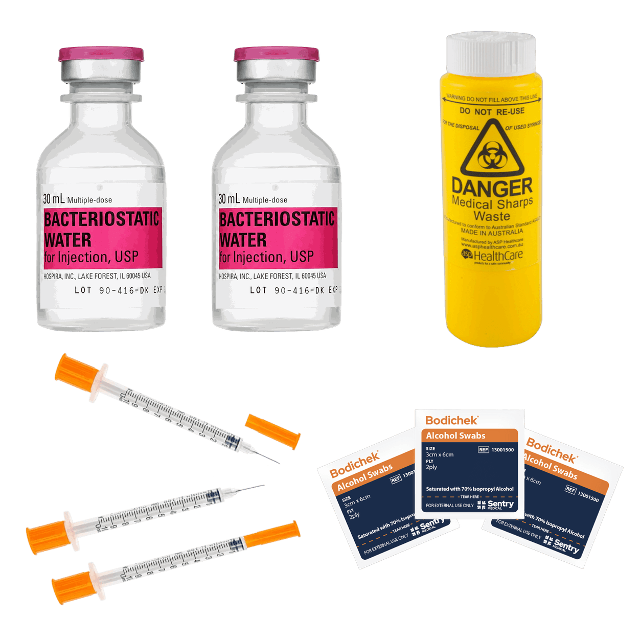 Bacteriostatic Water, Syringes, Swabs & Sharps Container Bundle (4-Item Kit) Peptide Vial - Buy Online Australia